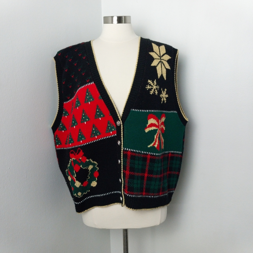 Vintage 80s Cricket Lane Ugly Christmas Sweater Button Up Vest Size XL